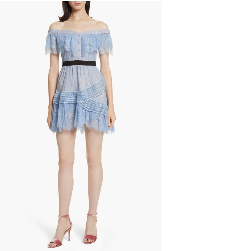 NWT $475 SELF-PORTRAIT Off Shoulder Fine Lace Mini Dress In Blue - US 2 / UK 4!
